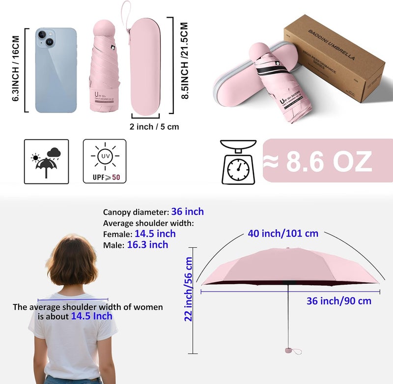BAODINI Travel Essentials Mini Umbrella for Purse With Case Small Compact UV Sun Protection Lightweight Tiny Pocket Manual Open Close Umbrella for Women Kids and Men Fits Purse Backpack - Image 4